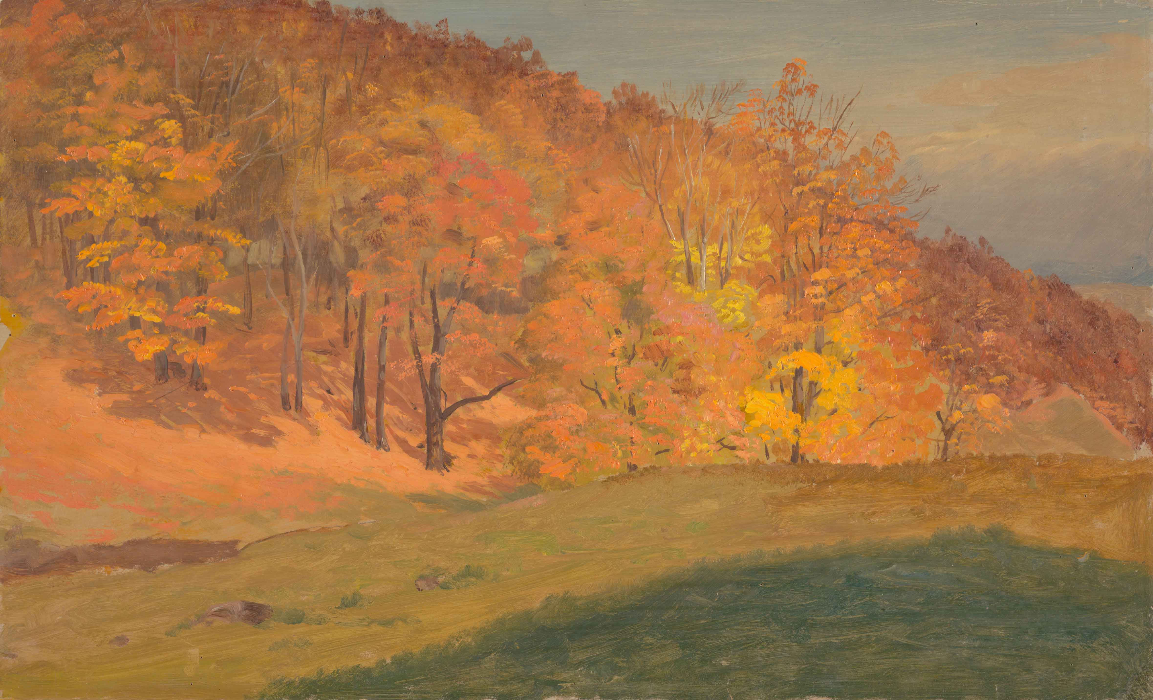 Click to view larger image Painting of a line of trees with orange leaves behind a grassy slope