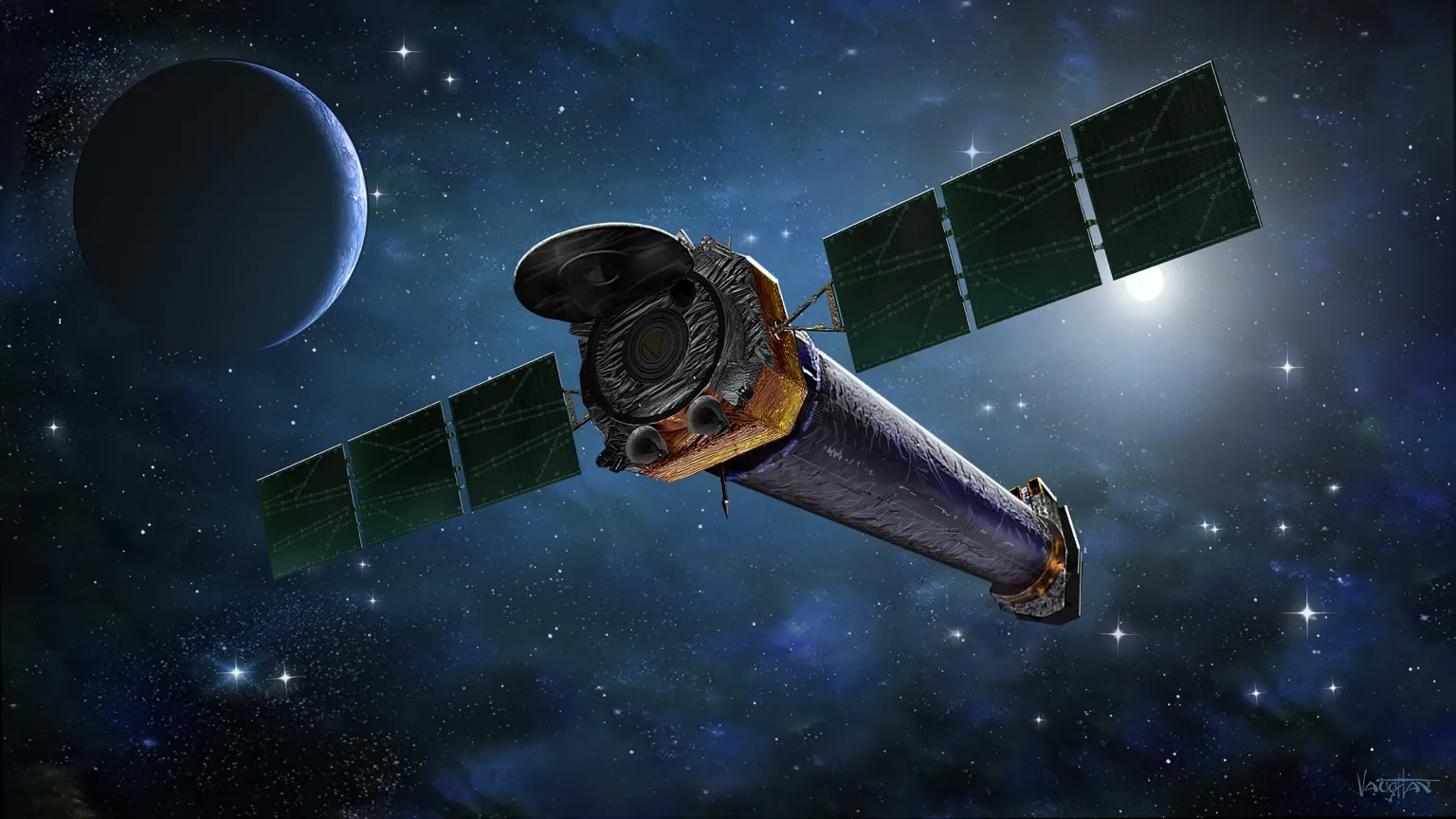 Click to view larger image Illustration of Chandra x-ray telescope in orbit.