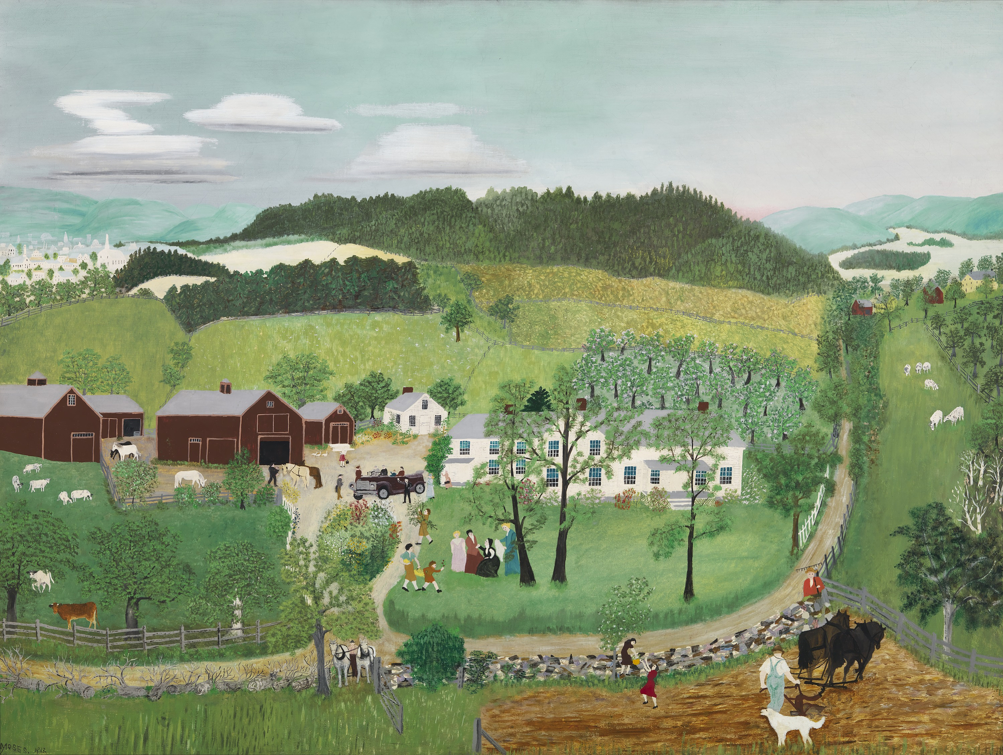 Click to view larger image Painting of a farm with a large white house and barns. There is a group of people on the grass near a road.