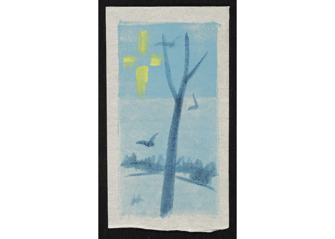 Click to view larger image Illustration of a bare tree on a blue background. There are blue birds and a yellow sun in the sky.