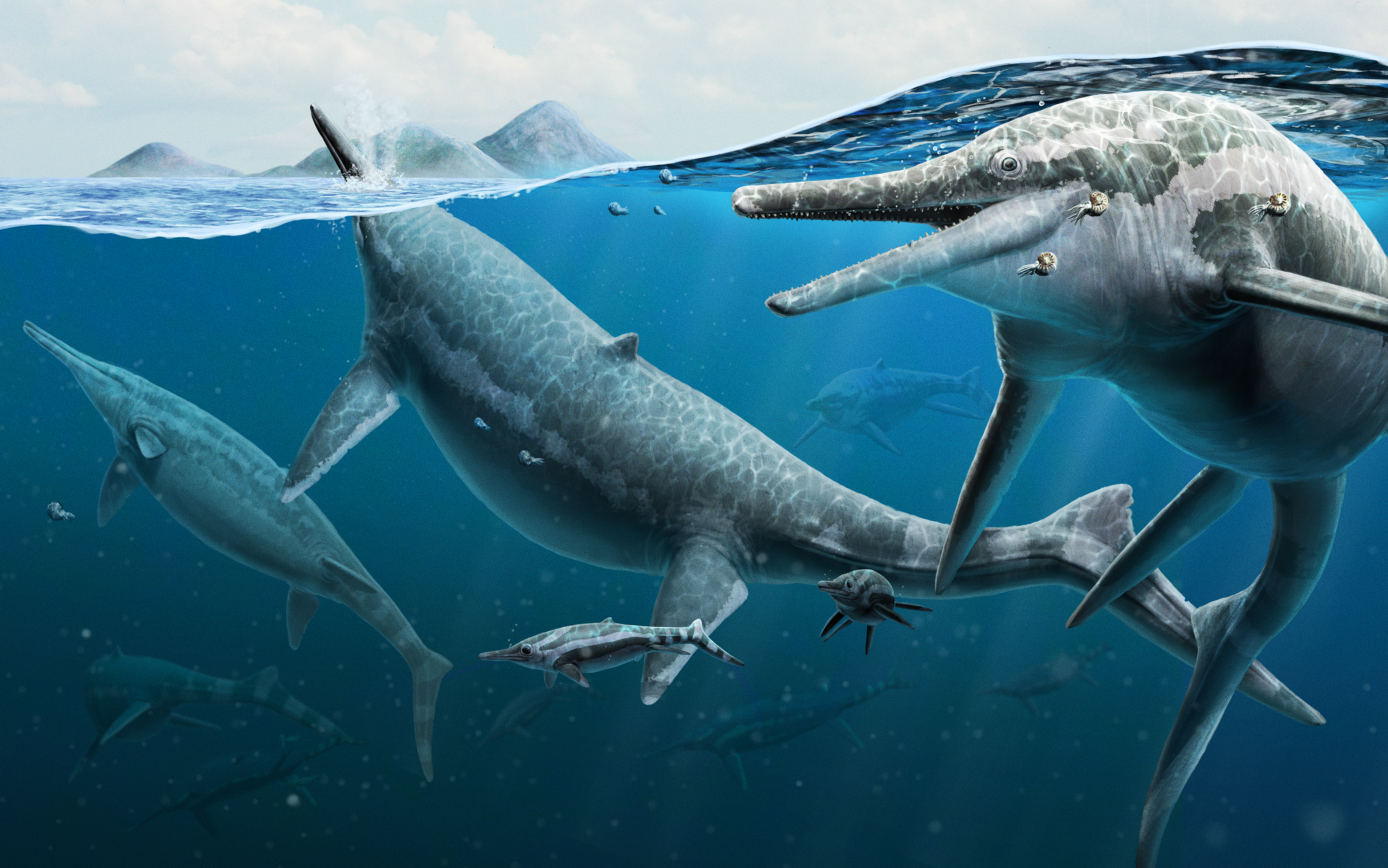 Illustration of prehistoric creatures in the sea