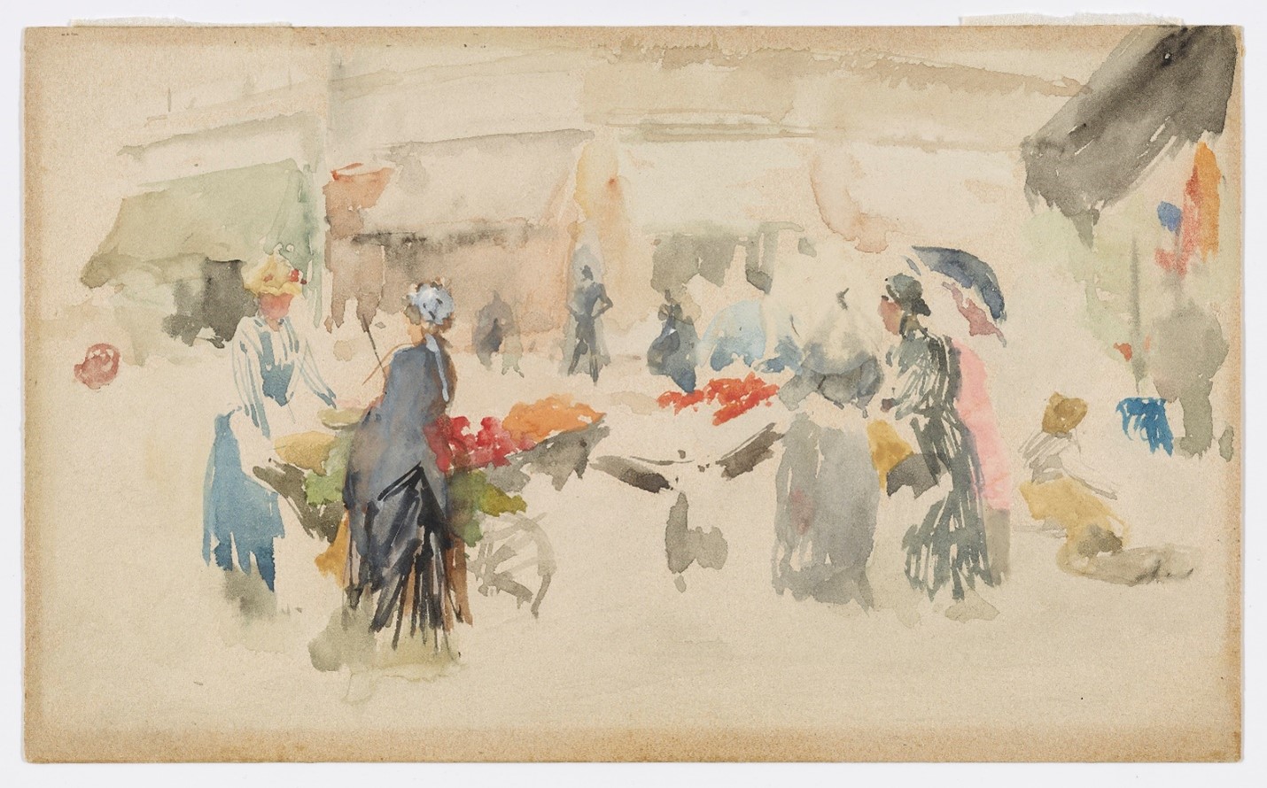 Impressionist watercolor by James McNeill Whistler: "Flower market: Dieppe,"