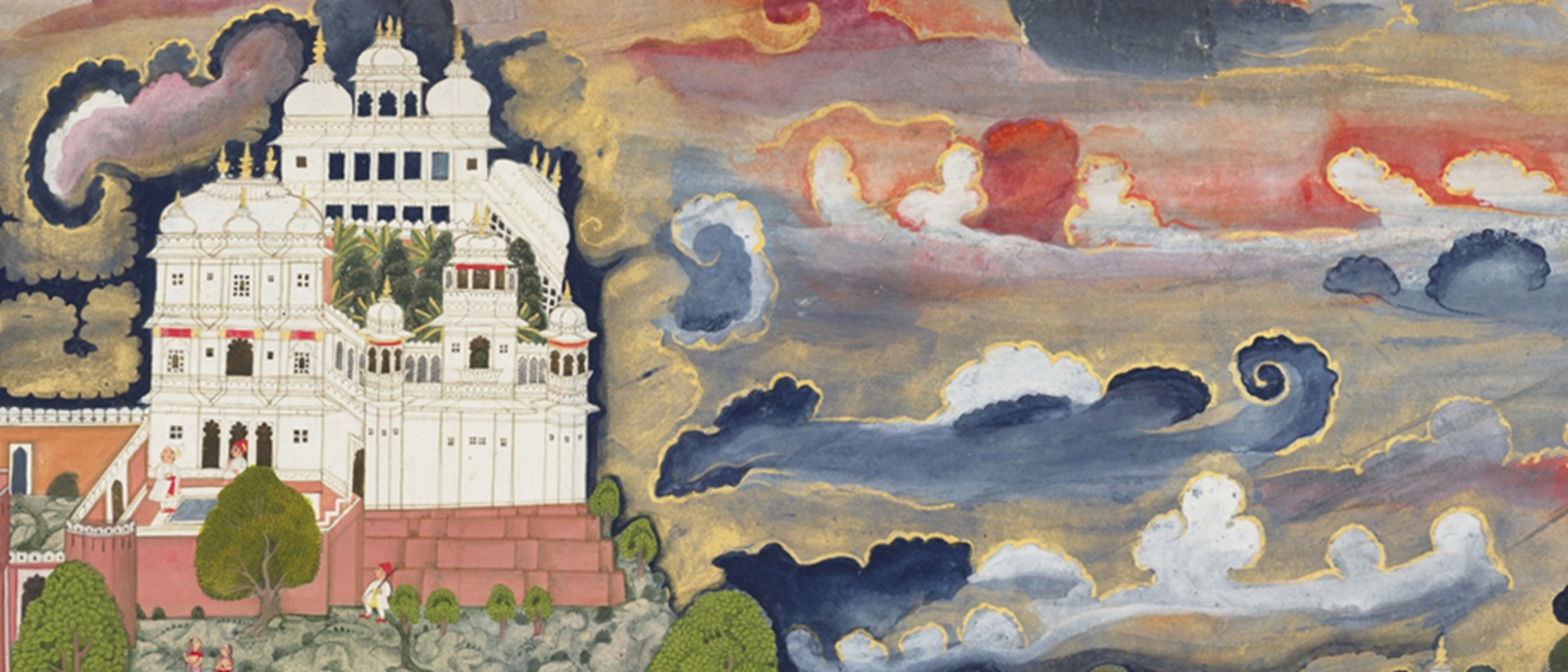illustration of large white building and stylized clouds