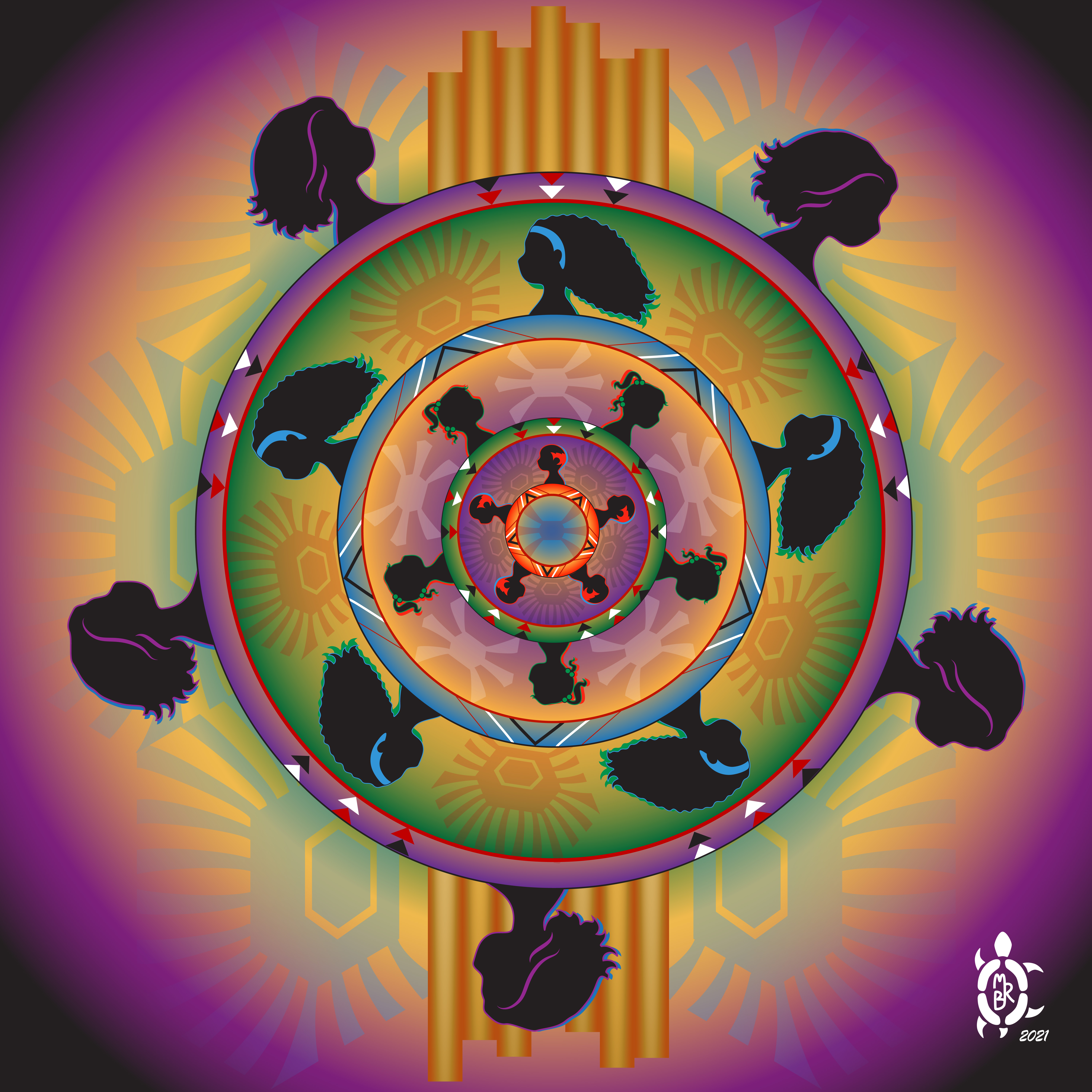 Stylized artwork with silhouettes of heads in concentric circles