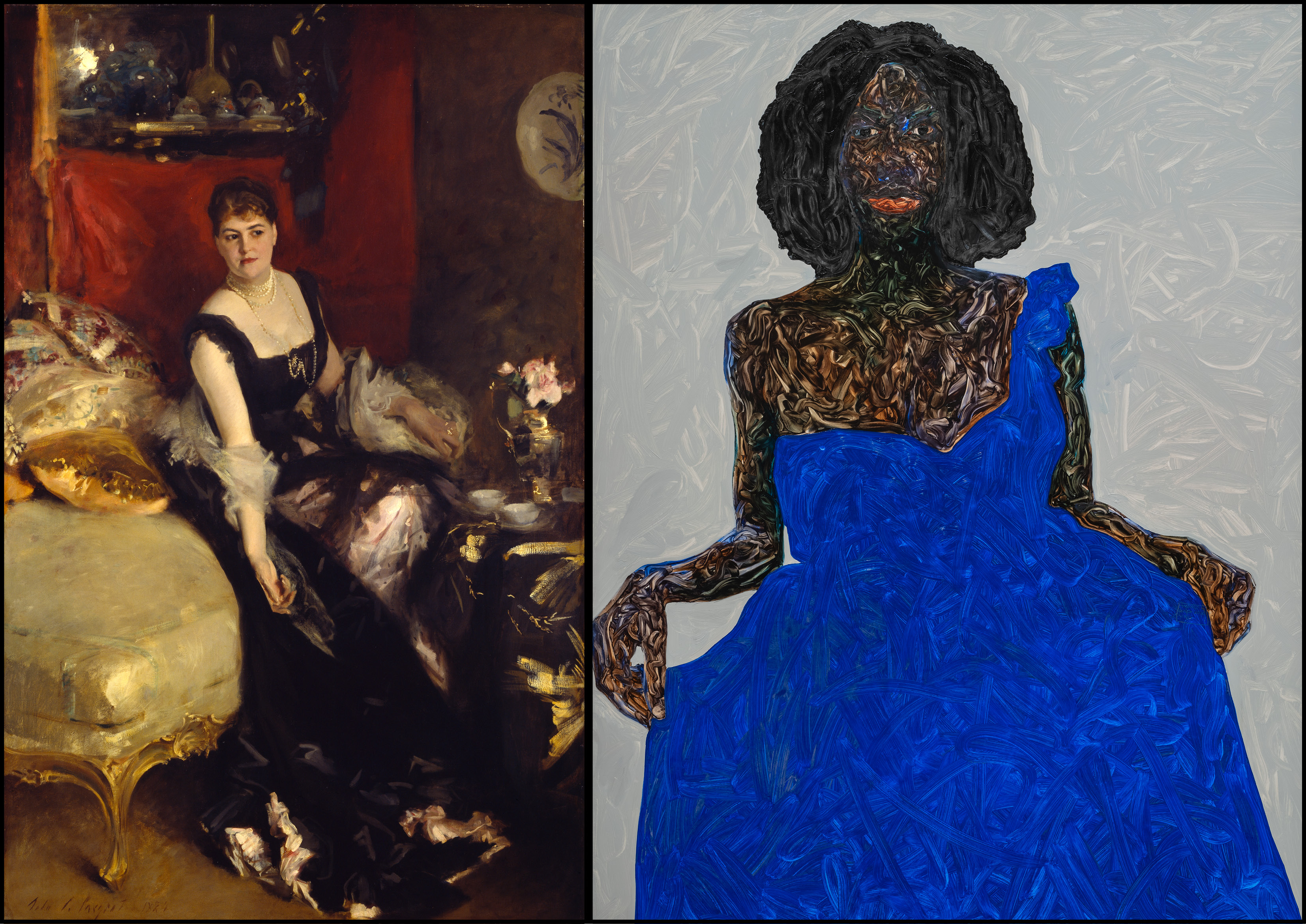 Image of two paintings side by side, woman on left wears a black dress in dark room and woman on right wears blue dress.