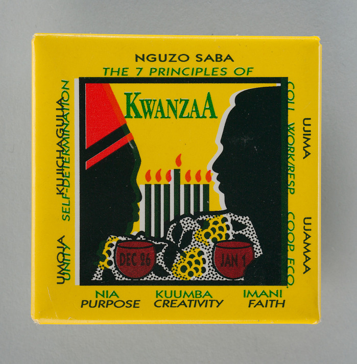 Square yellow button with two silhouettes facing each other and candles in between.