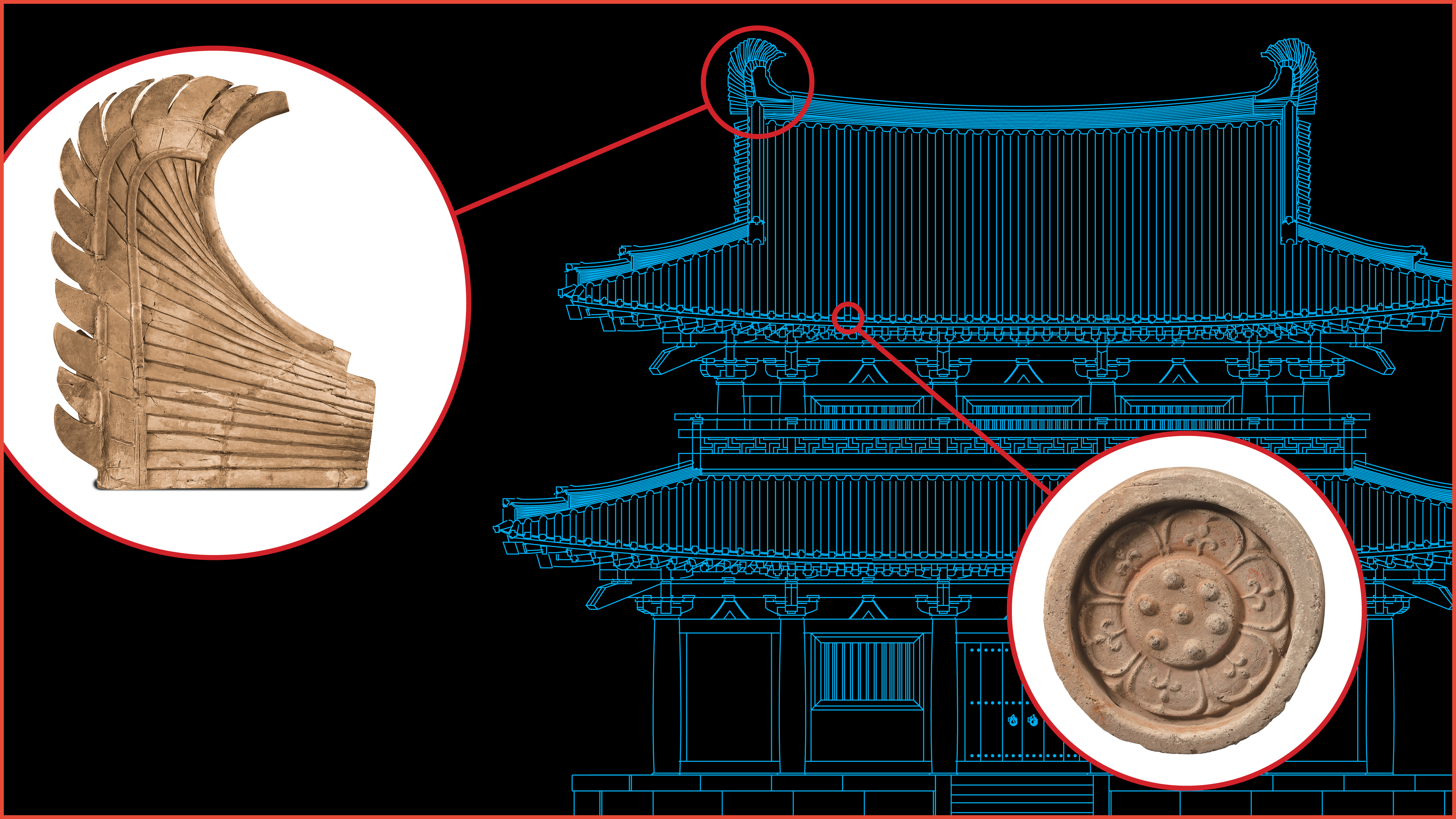 Illustration of building and its architectural details