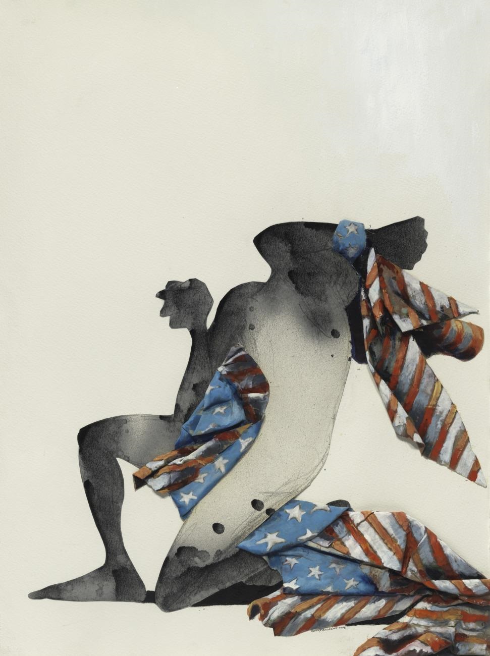 Painting of man silhouette in black, white, and gray.