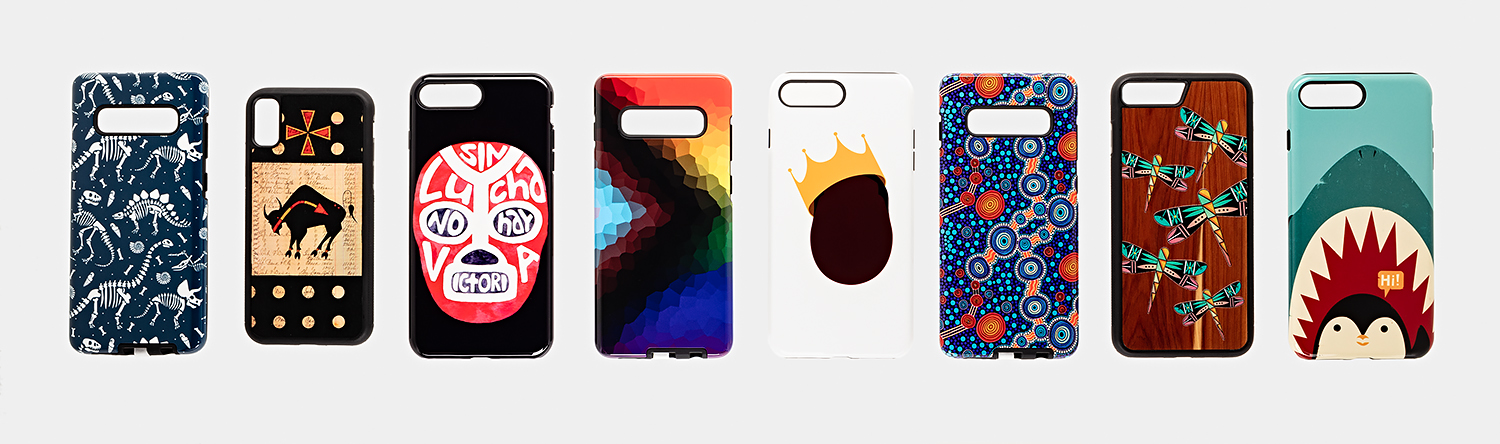 Row of cellphone cases against a white background
