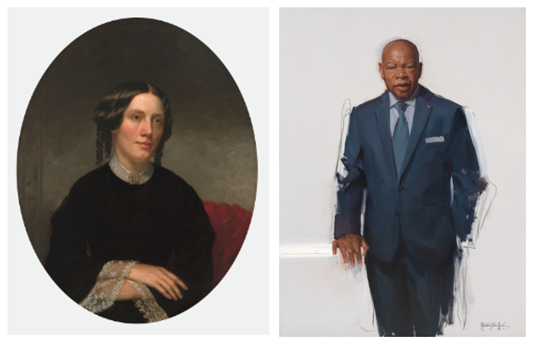 Two portraits side by side. One of Harriet Beecher Stowe sitting down. The other of John Lewis standing up.