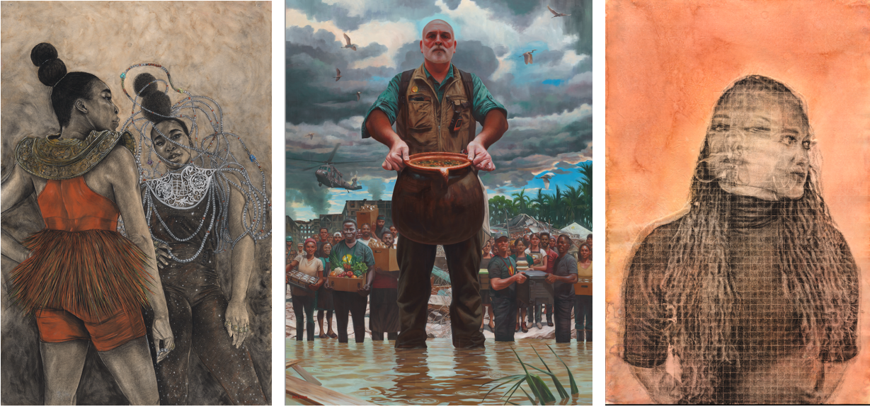 Three portraits of distinct styles positioned in a row