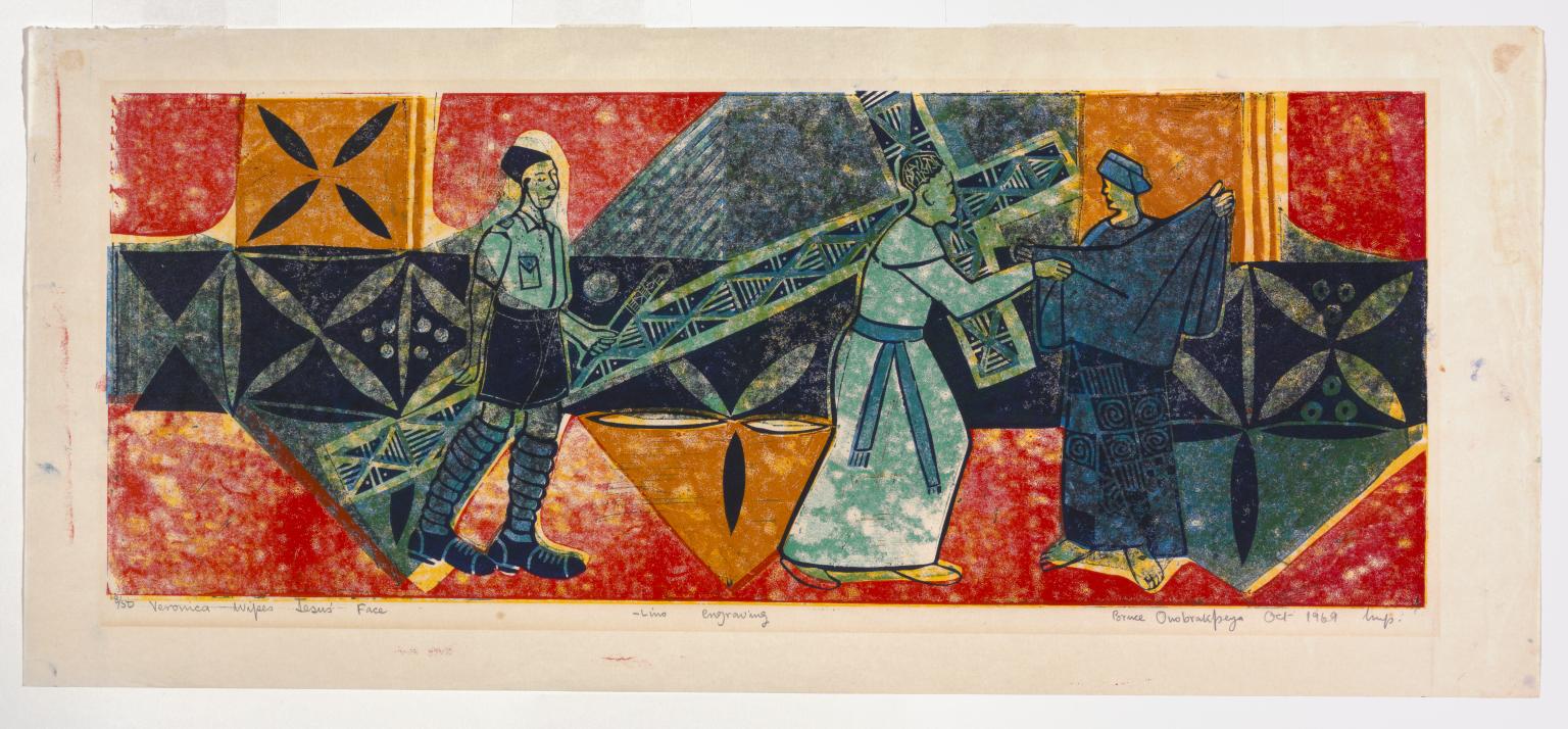 Colorful horizontal illustration with orange background and three figures, one carrying cross and another wiping his face.