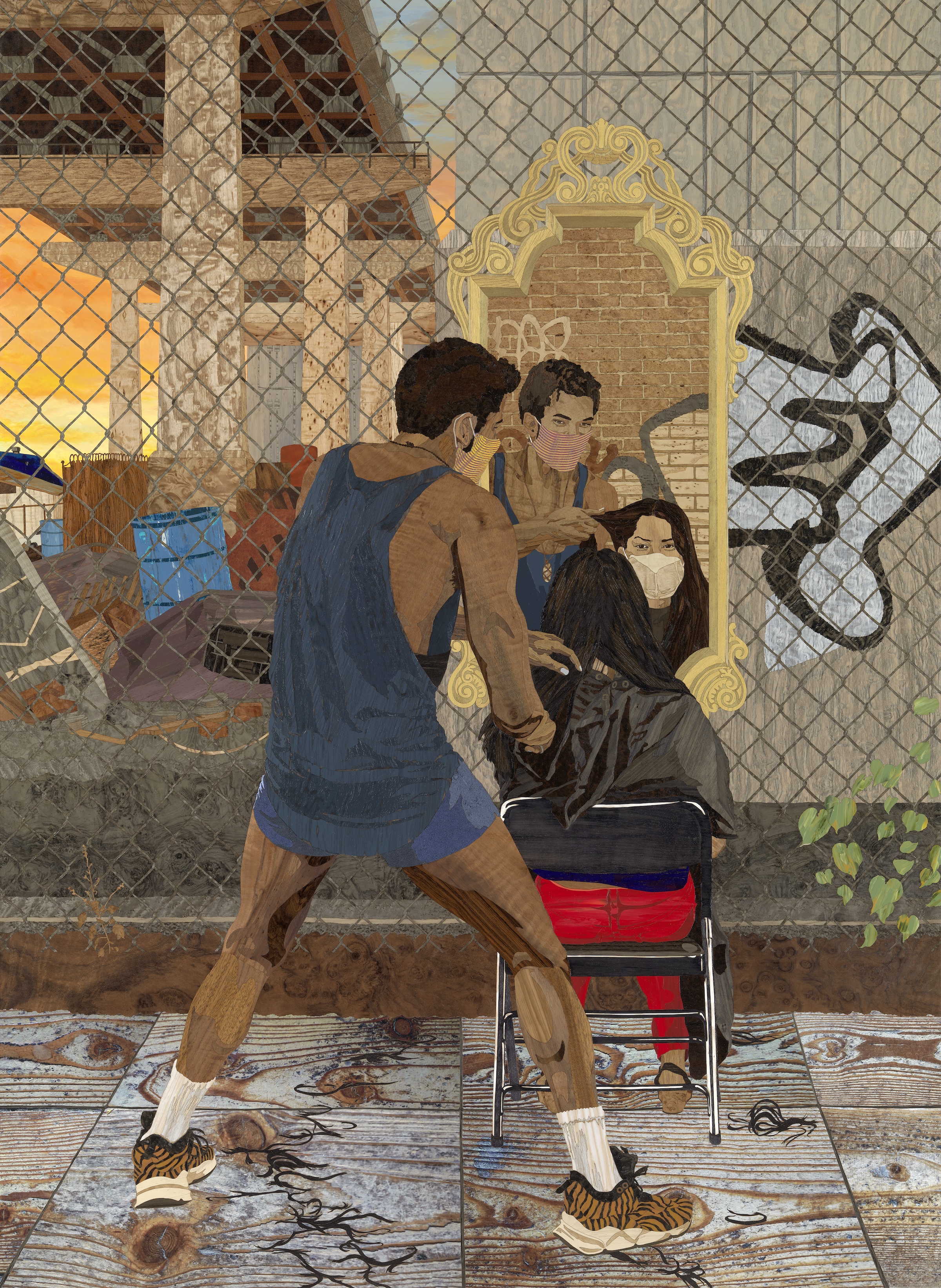 Painting of man cutting hair on the sidewalk