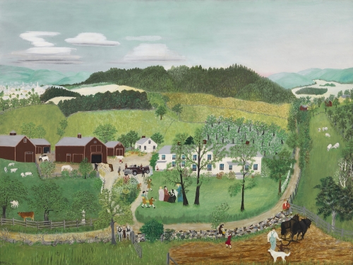 Painting of a farm with a large white house and barns. There is a group of people on the grass near a road.