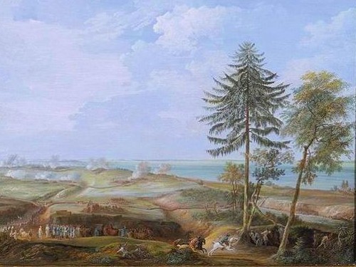 painting showing battle with a river on the horizon