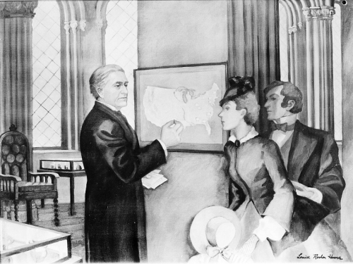 Black and white illustration of two men and a woman looking at a map on the wall.