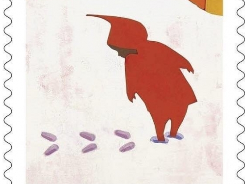 Four stamps showing scenes of a little boy in a red snow suit playing from "The Snowy Day"