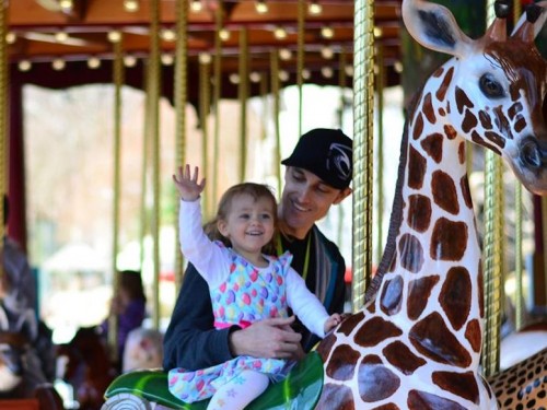 Child on carousel giraffe.