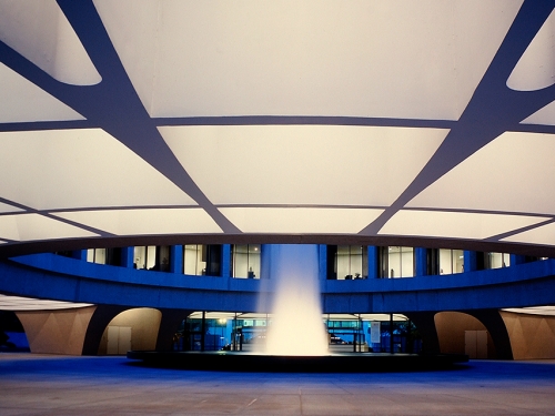 Architectural details of brutalist style Hirshhorn building at night