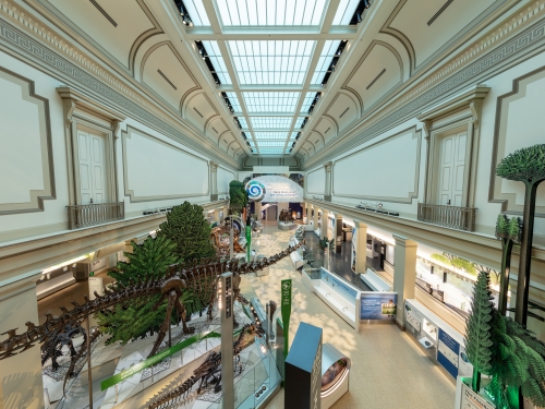 Overhead view of museum gallery with large skylight above lifesize models of dinosaurs and informational panels.
