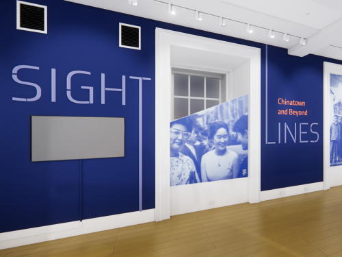 Computer mock-up of gallery with wood floors, blue walls, and black and white images.