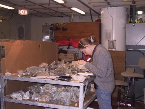 A woman in a grey sweater and blue jeans, with brown hair in a low bun, leans over table with rocks of various sizes.