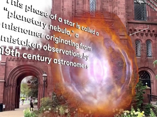 Red brick building and green grass background with graphic projection of starry nebula and floating text.