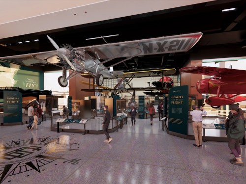 Digital rendering of a museum gallery with wall text panels and a suspended airplane
