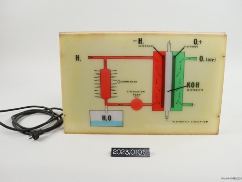Small rectangular technological device, off white color with green and red graphics on surface.