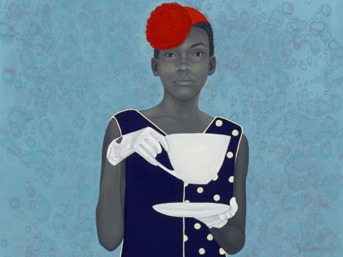 Painting of young girl in a black dress and red hat, holding a white teacup and saucer, in front of blue background.