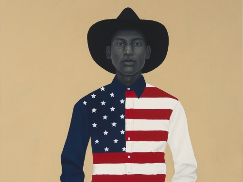 Painting of a young man wearing a cowboy hat and American flag-patterned button down, with gold background