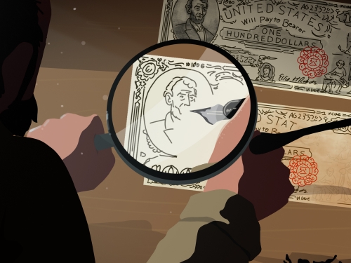 Graphic of a man painting on a bill of money, looking through a microscope.