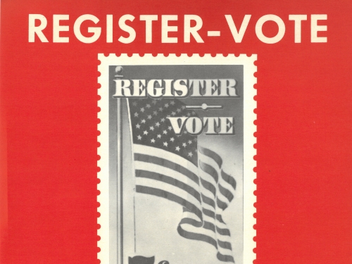 Poster with image of a postage stamp of an American flag and text about the stamp issue.