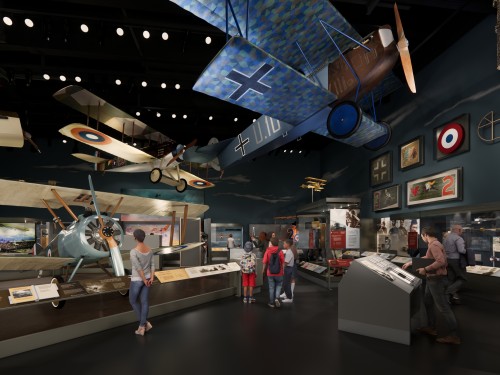 Digital rendering of a museum gallery with multiple interactive panels and planes suspended above.