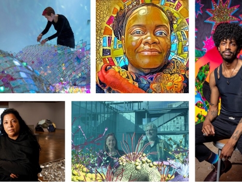 Collage of portraits and artwork