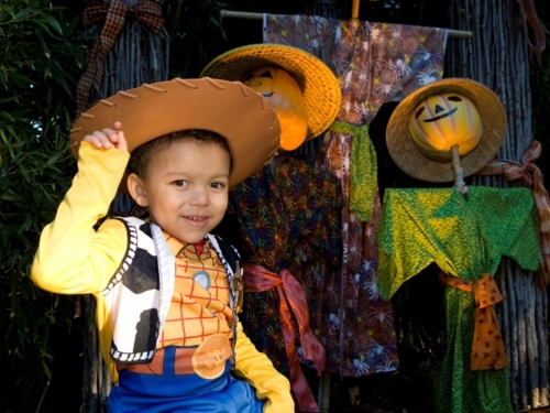Toddler in a Toy Story costume standing outside a Halloween display