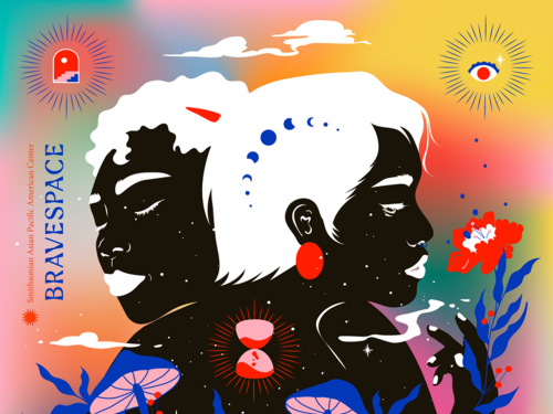 Illustration of two figures surrounded by colorful gradients and flora
