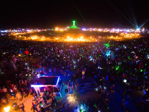 Burning man camp at night