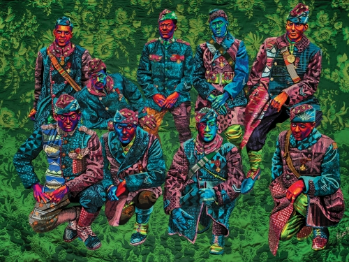 Quilt of multiple figures in lush background