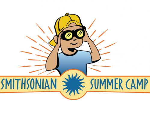Illustration of a kid staring through binoculars over the text "Smithsonian Summer Camp"