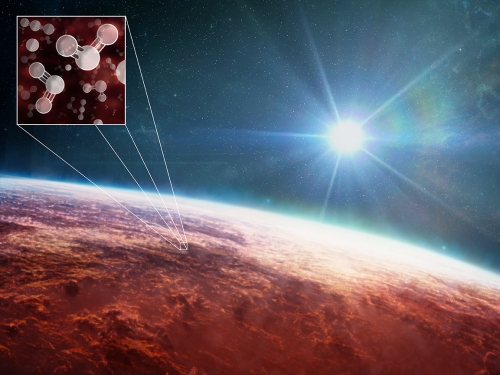 Illustration of the surface of a red planet with a star shining in the distance