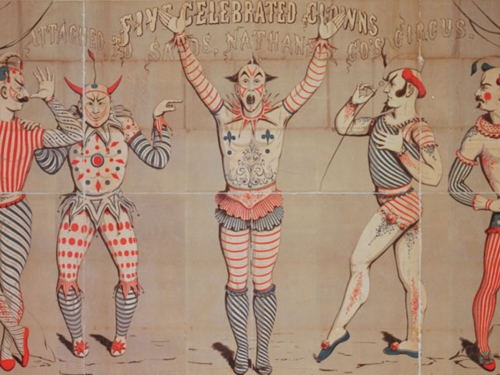 Circus poster featuring five clowns