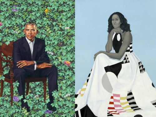 Side by side portraits of Barack and Michelle Obama