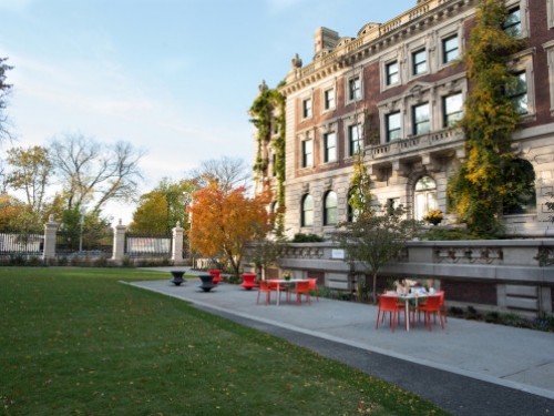 exterior garden with red chairs
