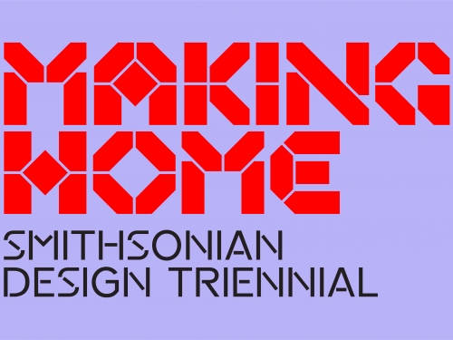 Purple background with red blocky letters and thin black typeface beneath.