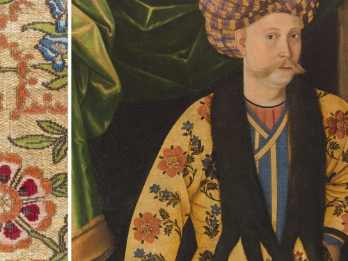 Floral textile with portrait of well-dressed man