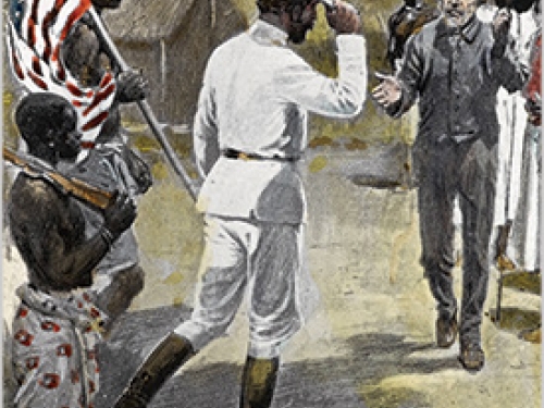 Drawing of Stanley meeting Dr Livingston in Africa