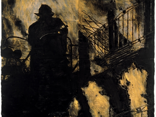 Dark-toned painting showing firefighter in silhouette