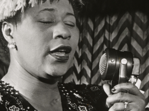Close up of Ella Fitzgerald singing