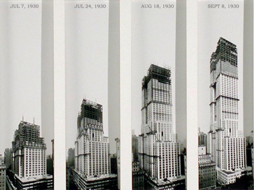 Composite photos showing construction of Empire State Building